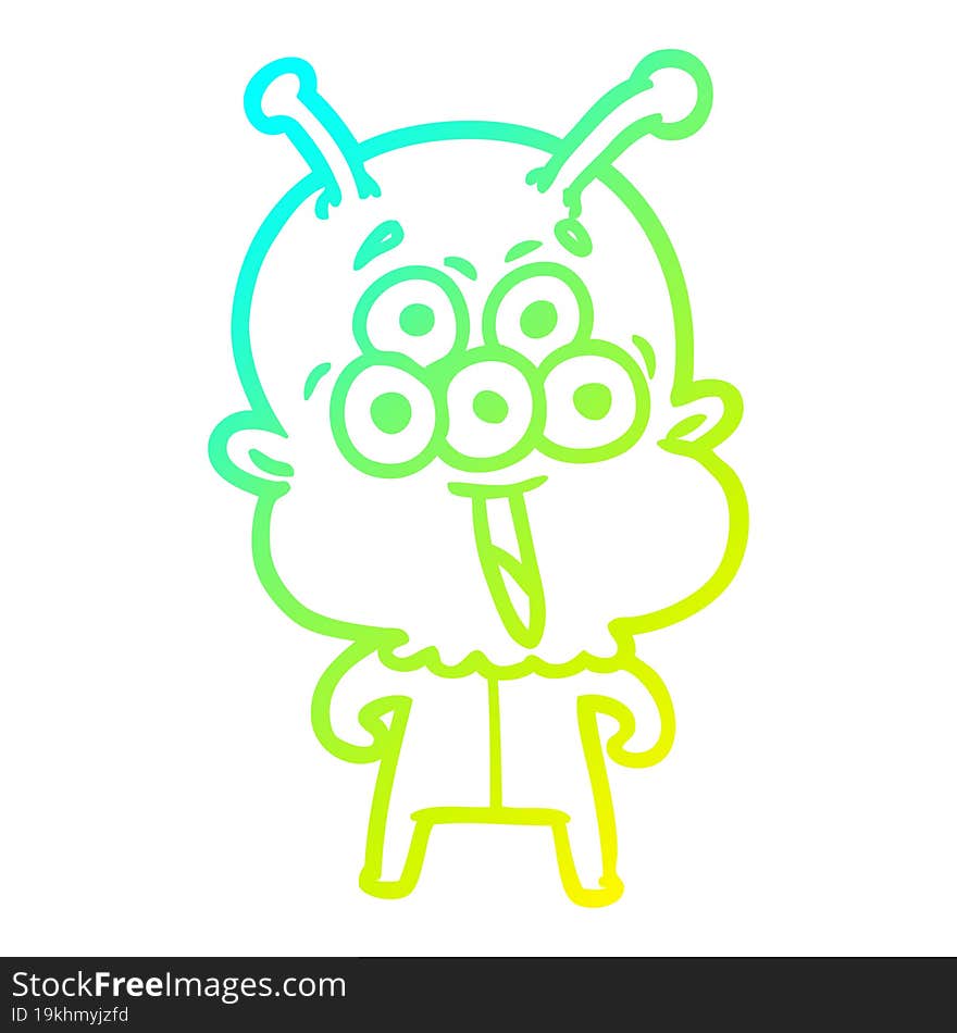 cold gradient line drawing of a happy cartoon alien