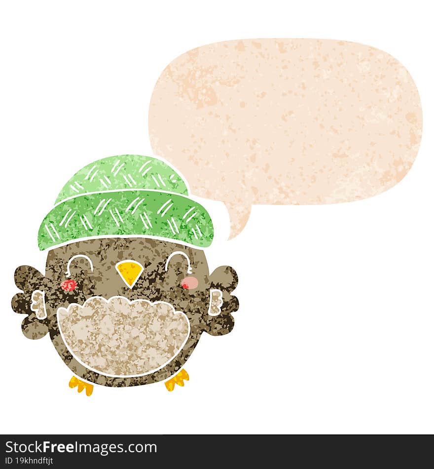 cute cartoon owl in hat and speech bubble in retro textured style