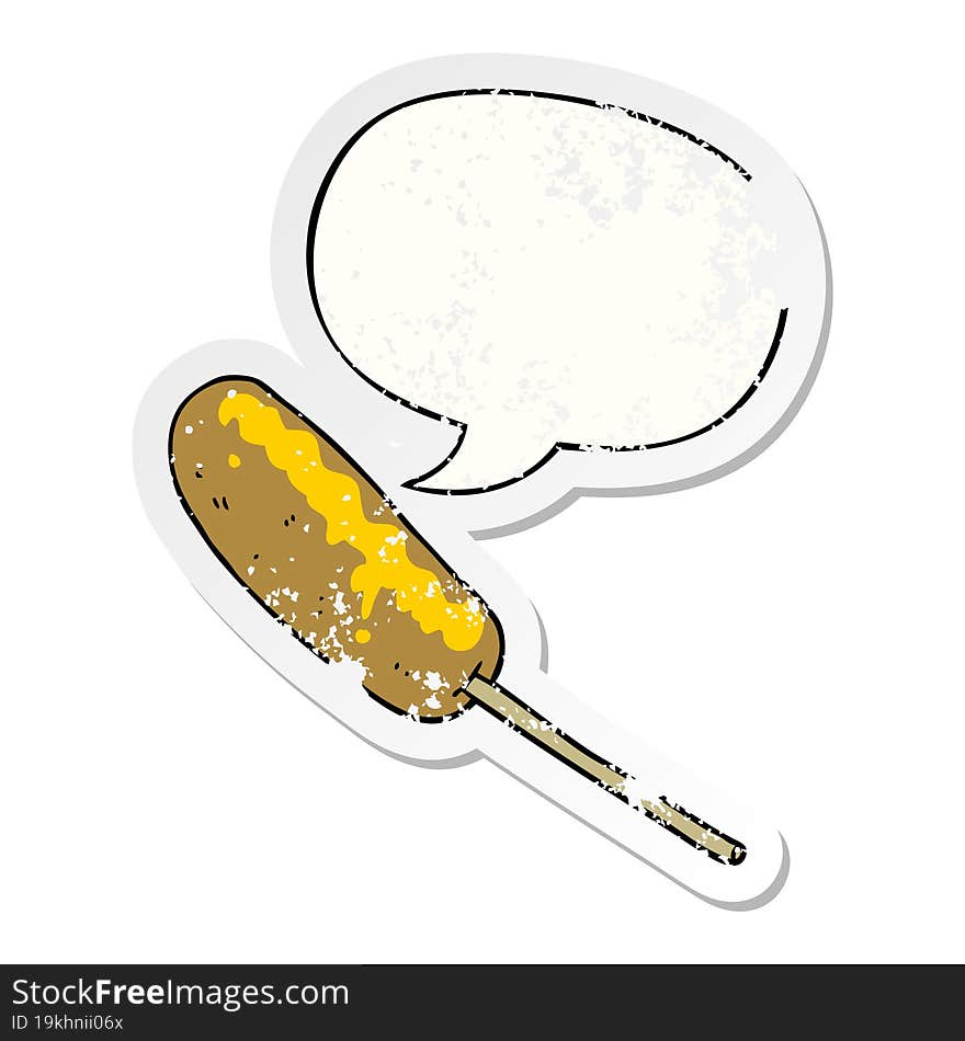 cartoon hotdog on a stick and speech bubble distressed sticker