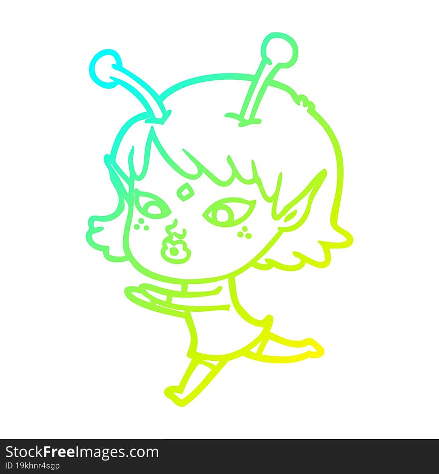 Cold Gradient Line Drawing Pretty Cartoon Alien Girl