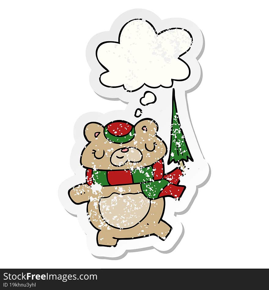 cartoon bear with umbrella with thought bubble as a distressed worn sticker