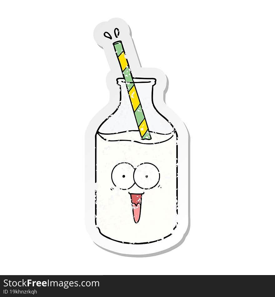 distressed sticker of a happy carton milk bottle with straw