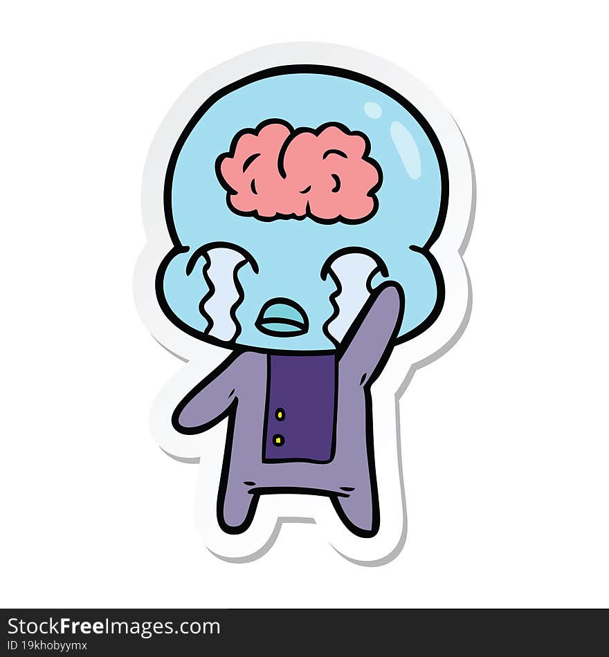 sticker of a cartoon big brain alien crying