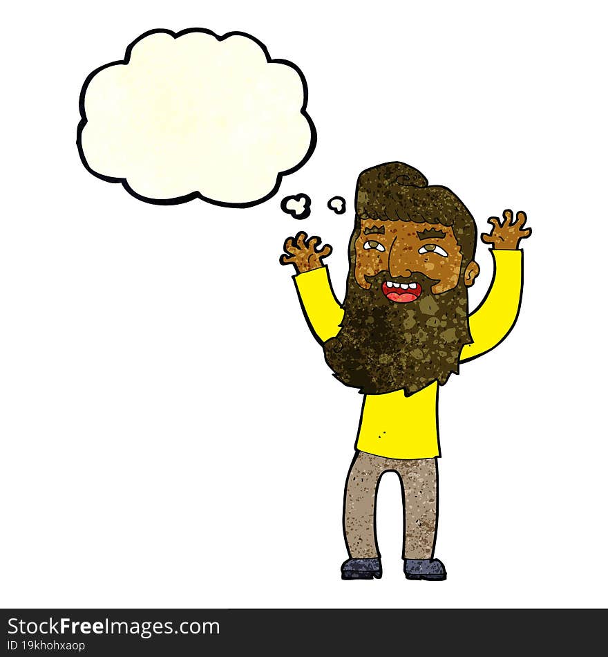 Cartoon Happy Bearded Man Waving Arms With Thought Bubble