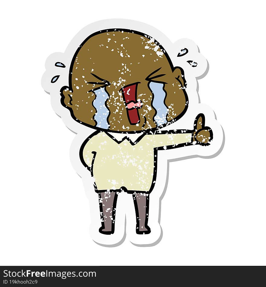 distressed sticker of a cartoon crying bald man