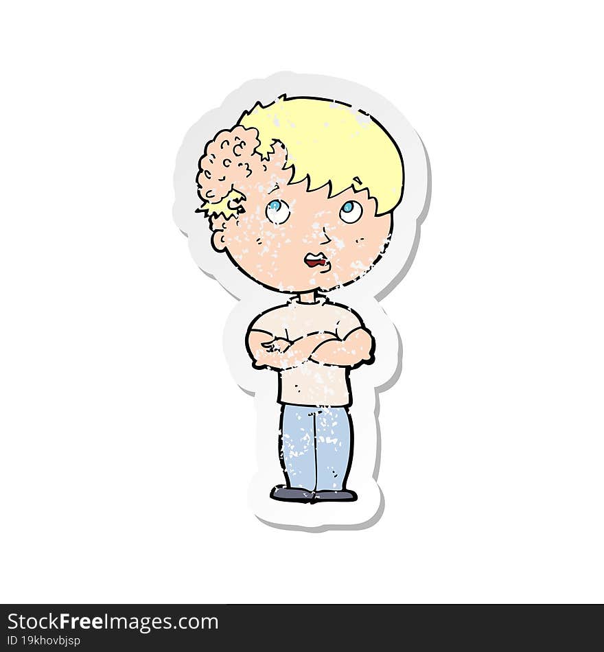 retro distressed sticker of a cartoon boy with growth on head