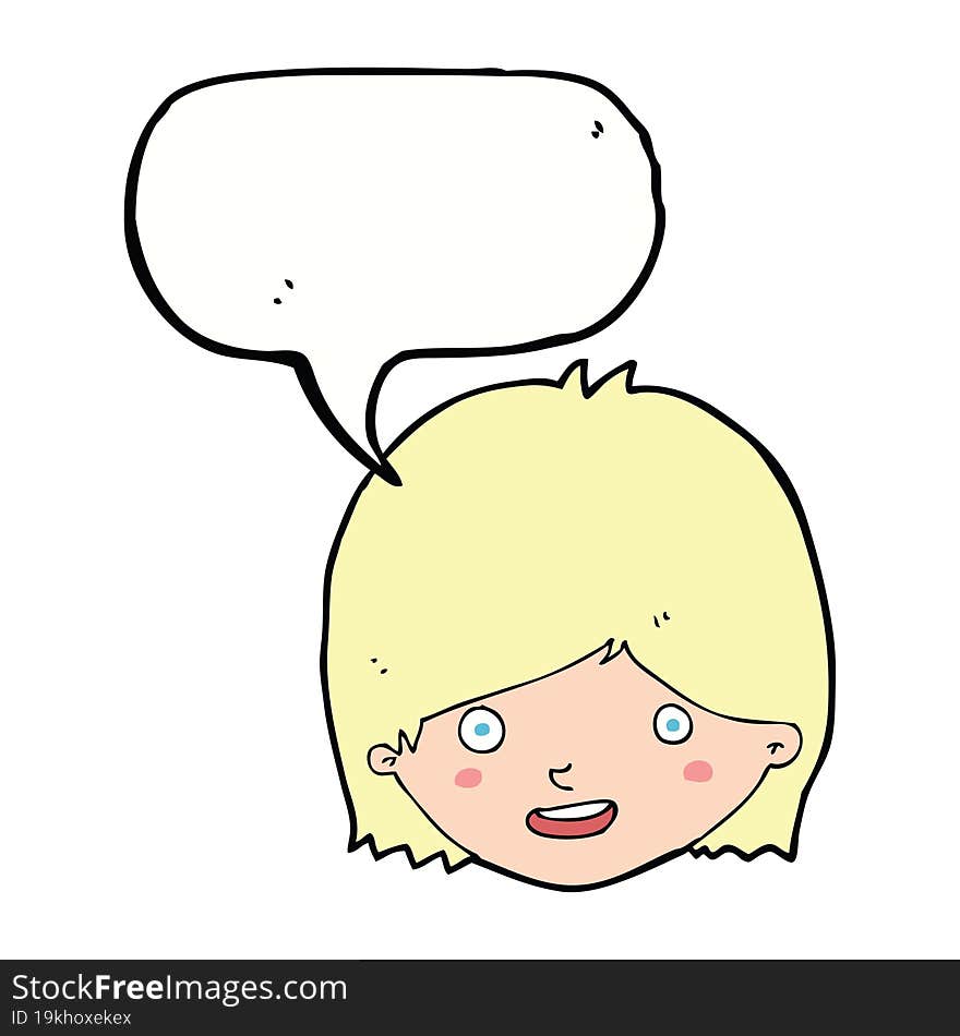 cartoon happy female face with speech bubble