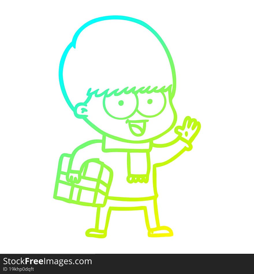 cold gradient line drawing of a happy cartoon boy with present