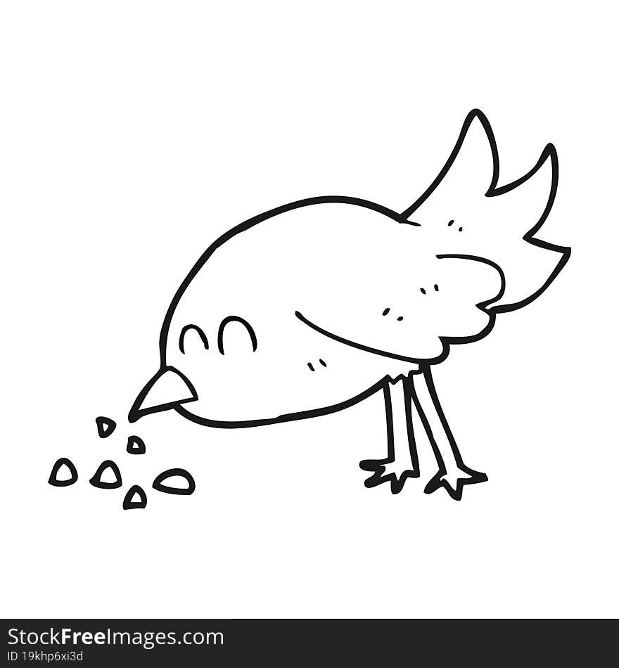 freehand drawn black and white cartoon bird pecking seeds