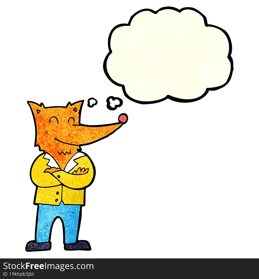 cartoon fox in shirt with thought bubble