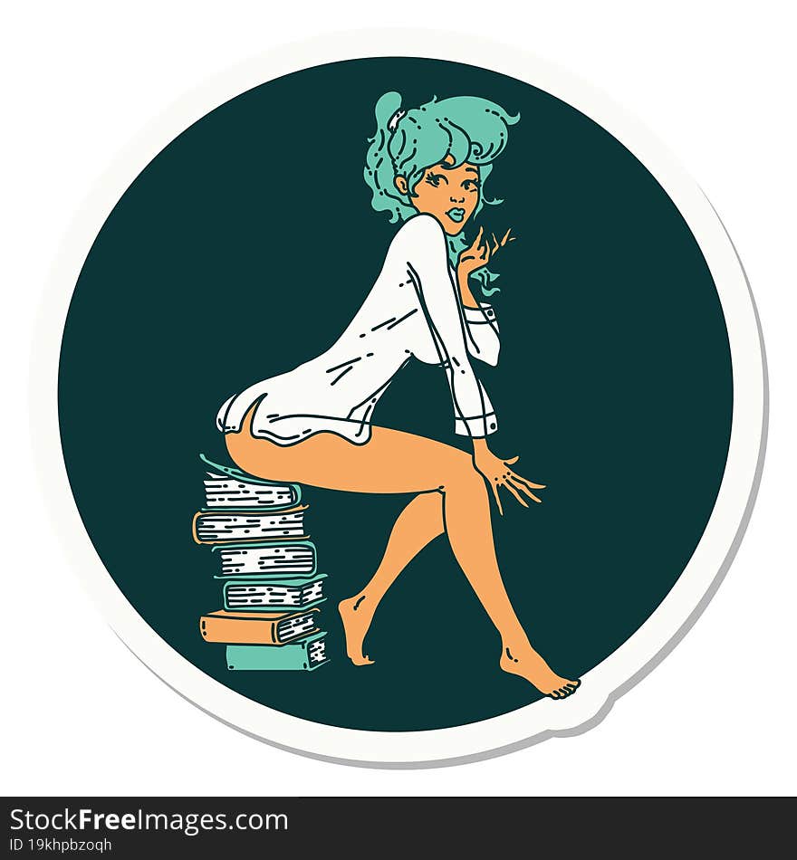 Tattoo Style Sticker Of A Pinup Girl Sitting On Books