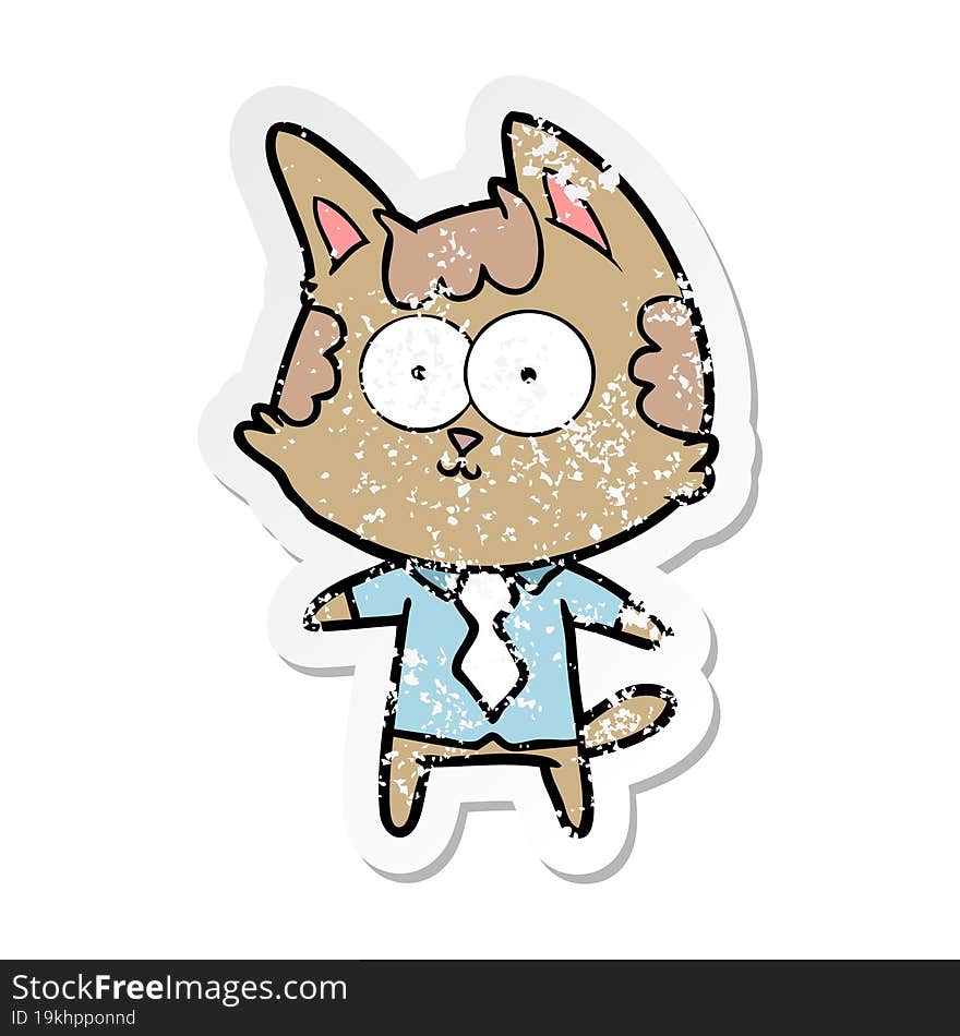 Distressed Sticker Of A Happy Cartoon Cat Office Worker