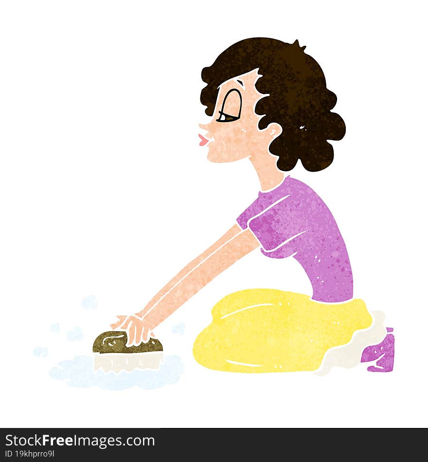 Cartoon Woman Scrubbing Floor