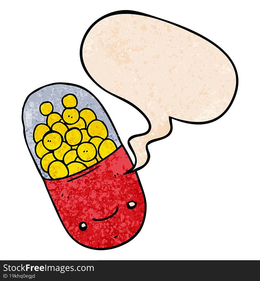 cartoon pill and speech bubble in retro texture style