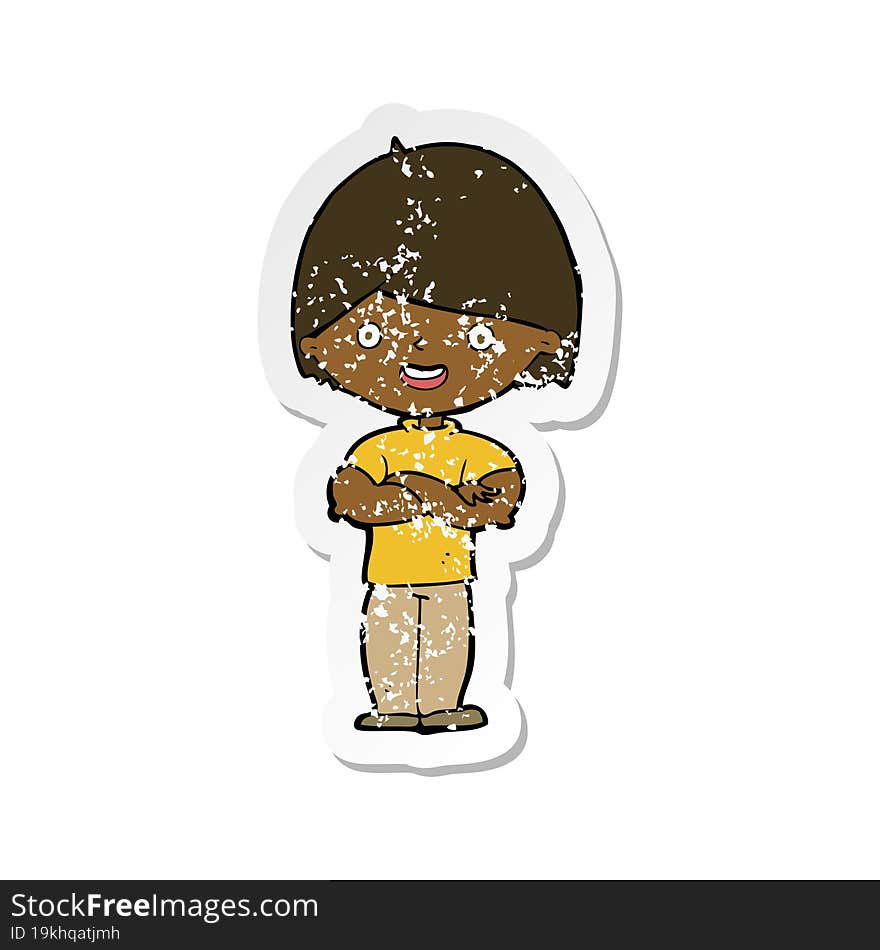 retro distressed sticker of a cartoon man with crossed arms