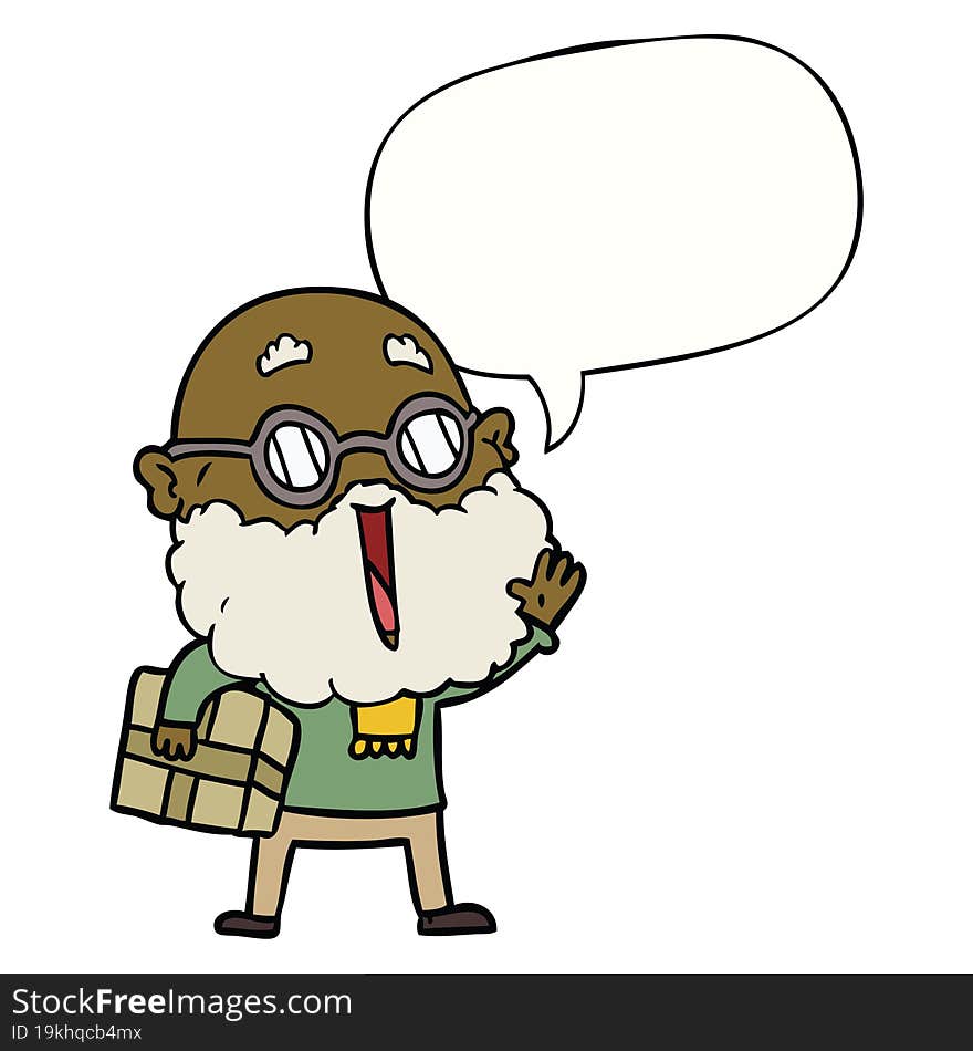 Cartoon Joyful Man And Beard And Parcel Under Arm And Speech Bubble