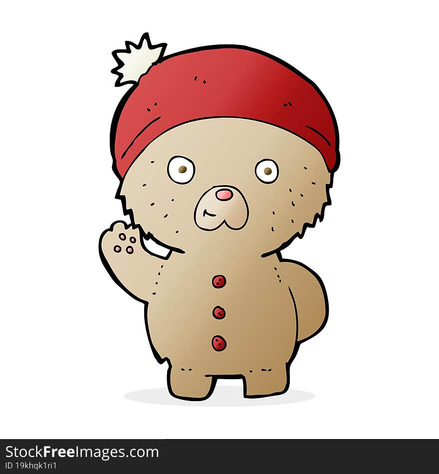 Cartoon Waving Teddy Bear In Winter Hat