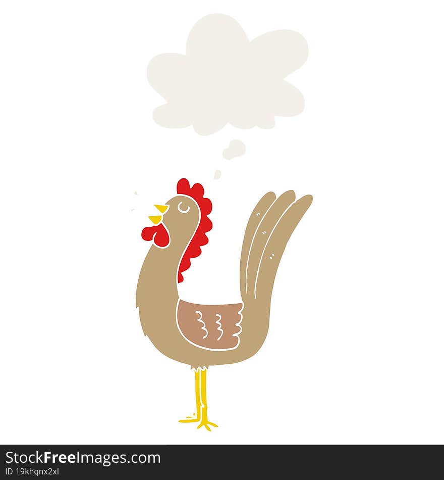 cartoon rooster with thought bubble in retro style