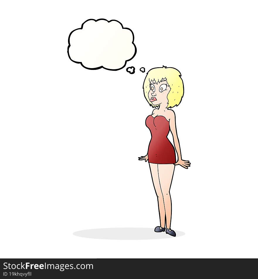 cartoon surprised woman in short dress with thought bubble