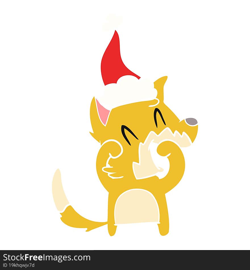 laughing fox hand drawn flat color illustration of a wearing santa hat. laughing fox hand drawn flat color illustration of a wearing santa hat