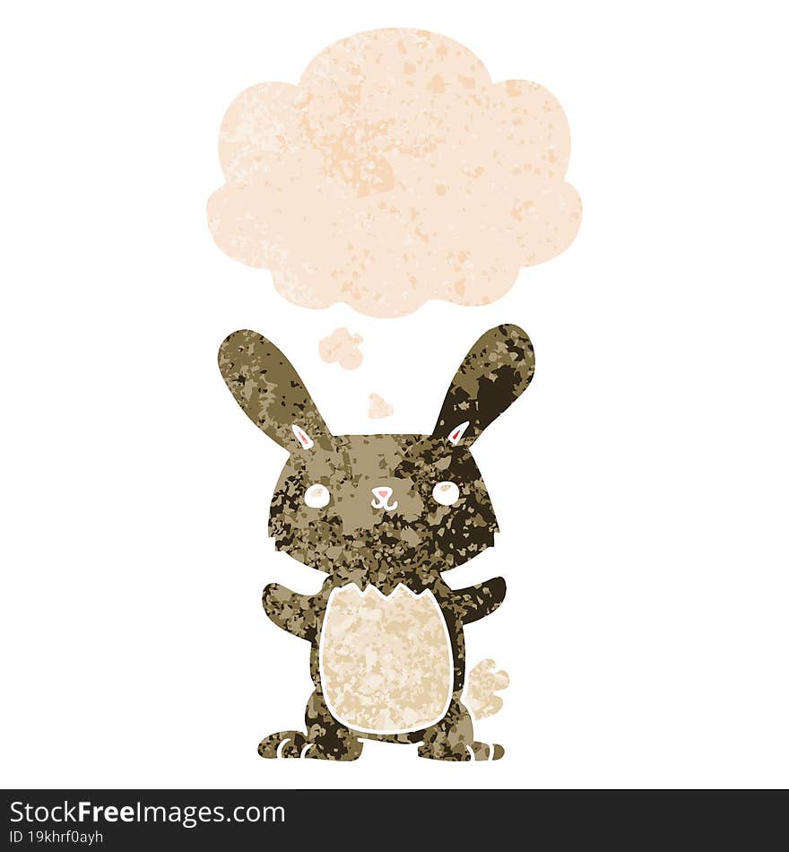 cute cartoon rabbit and thought bubble in retro textured style