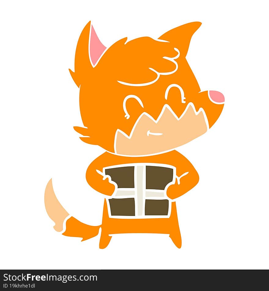 flat color style cartoon friendly fox with gift