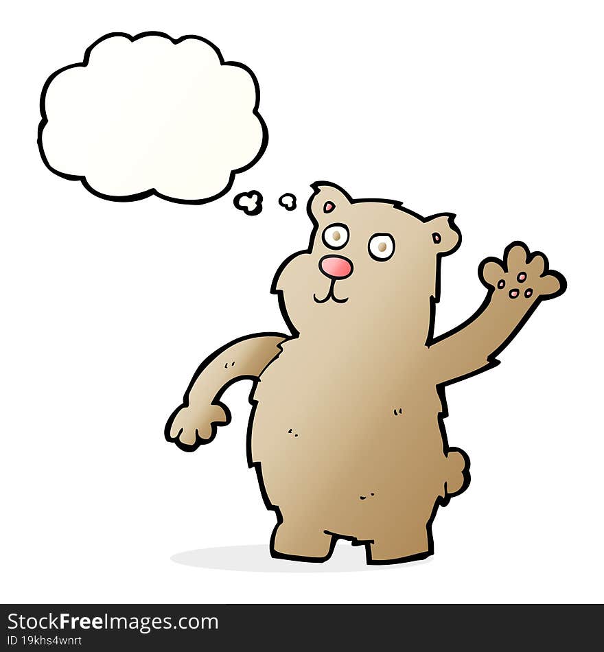 cartoon waving bear with thought bubble