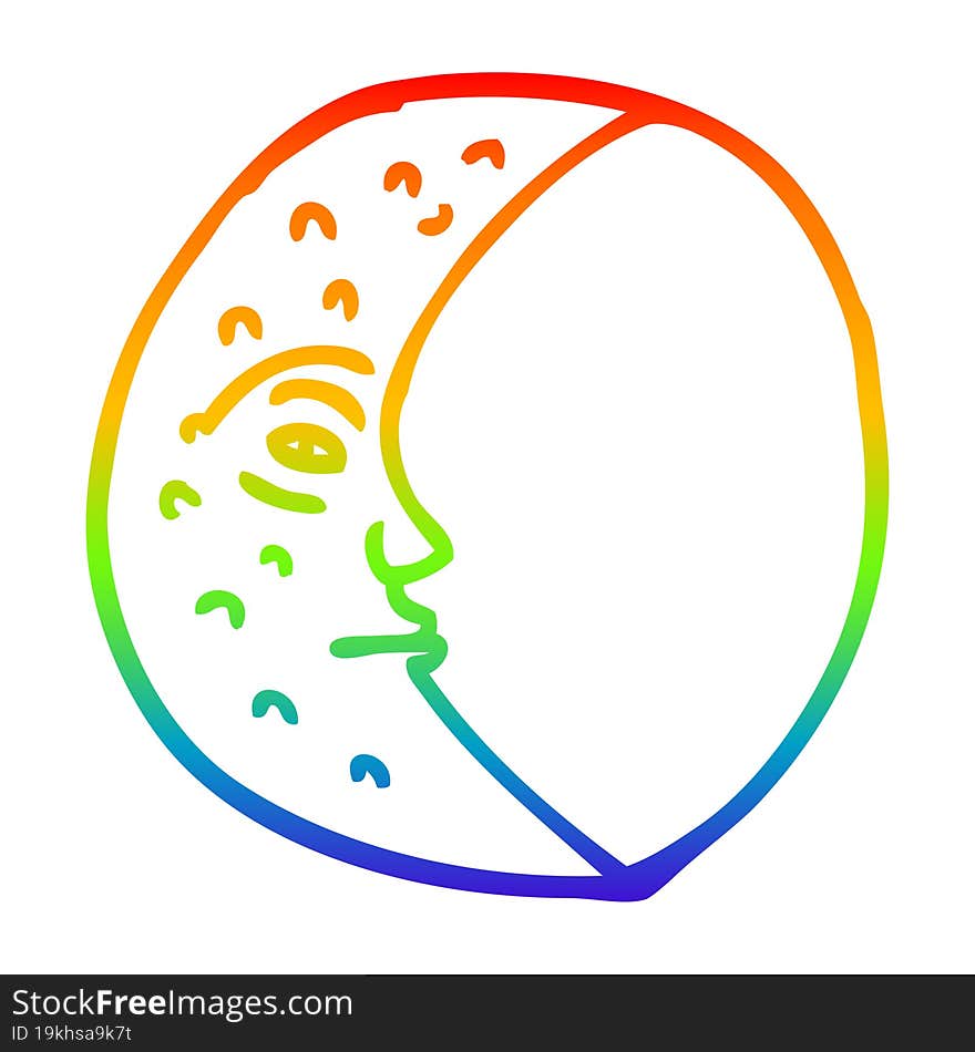 Rainbow Gradient Line Drawing Cartoon Crescent Moon With Face