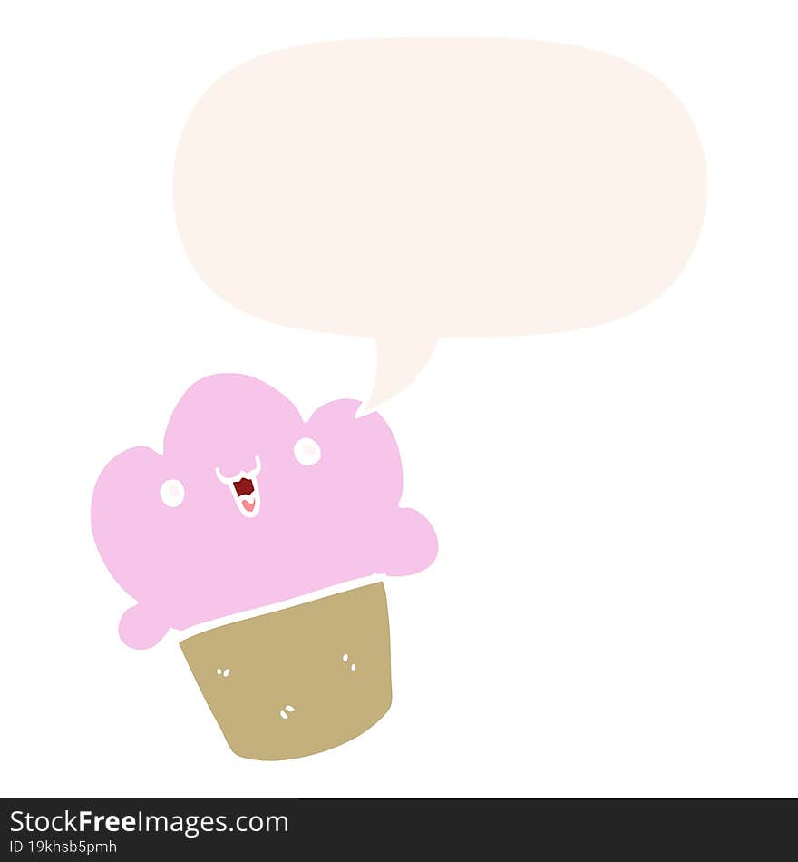 Cartoon Cupcake And Face And Speech Bubble In Retro Style