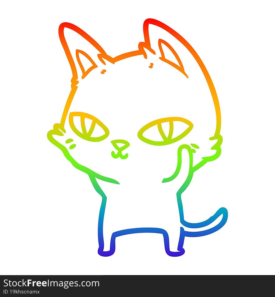 rainbow gradient line drawing of a cartoon cat with bright eyes