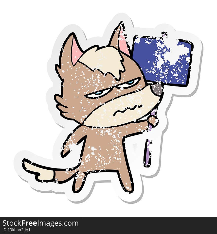 distressed sticker of a cartoon annoyed wolf