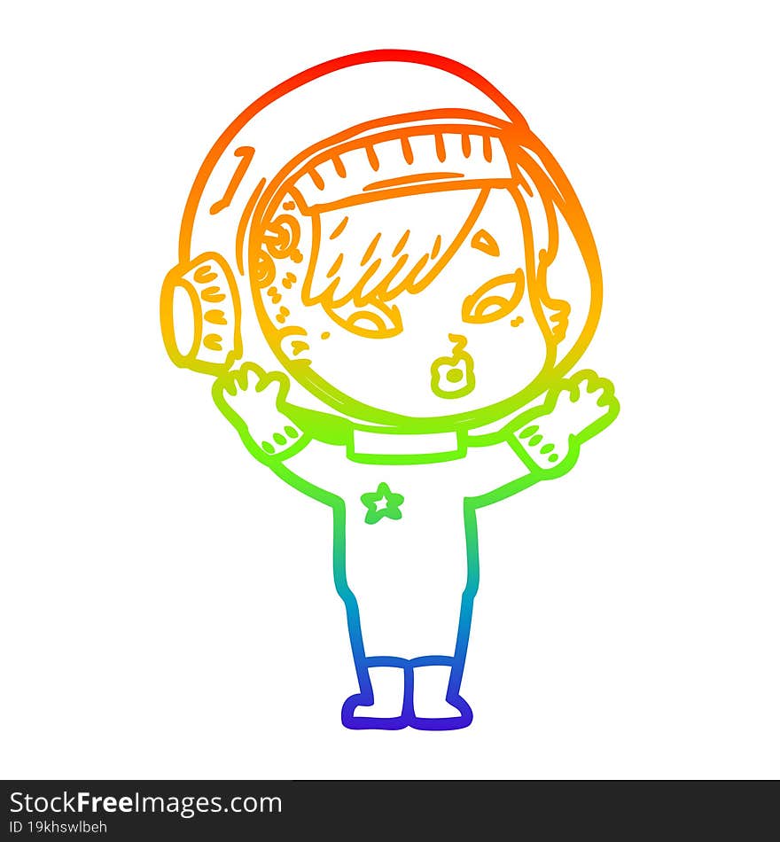 rainbow gradient line drawing of a cartoon astronaut woman