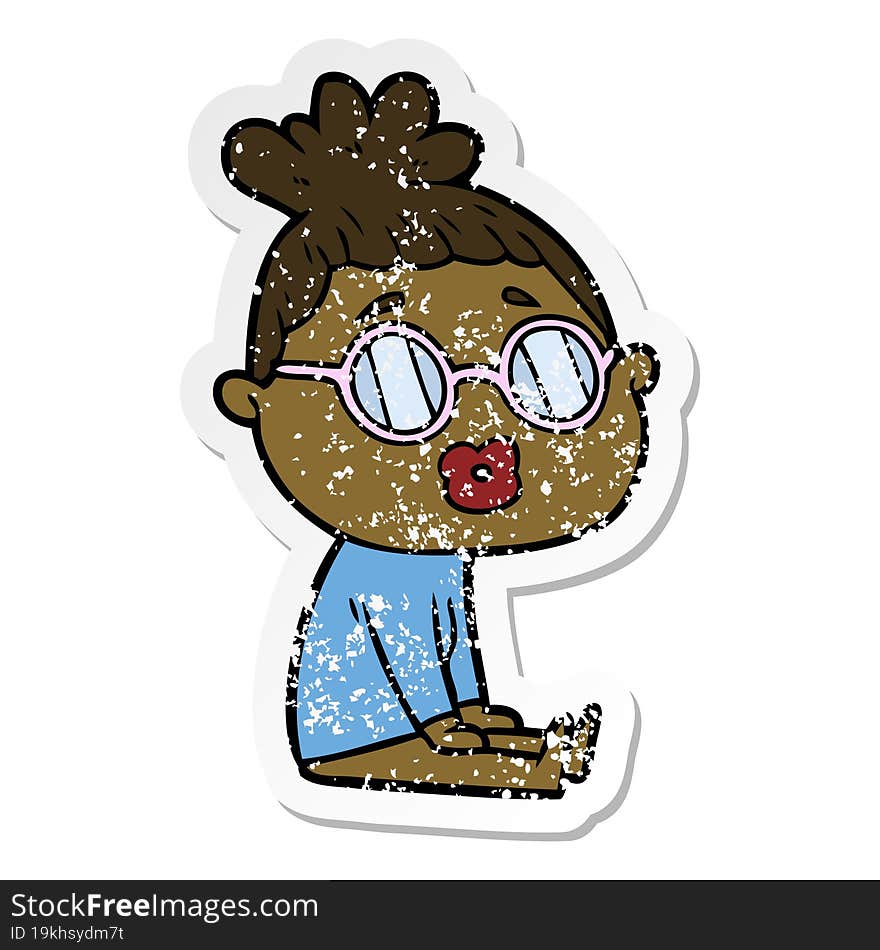 distressed sticker of a cartoon sitting woman wearing spectacles