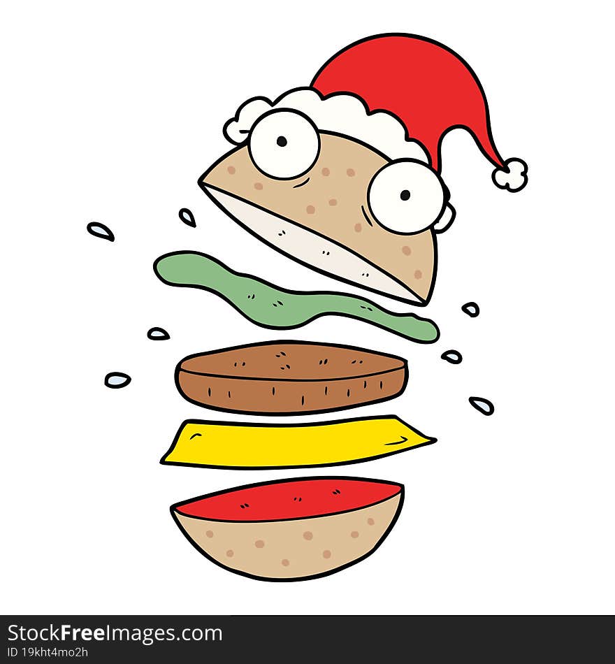 Line Drawing Of A Amazing Burger Wearing Santa Hat