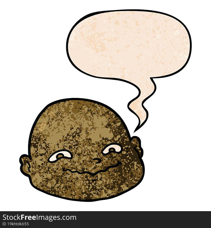 cartoon bald man and speech bubble in retro texture style