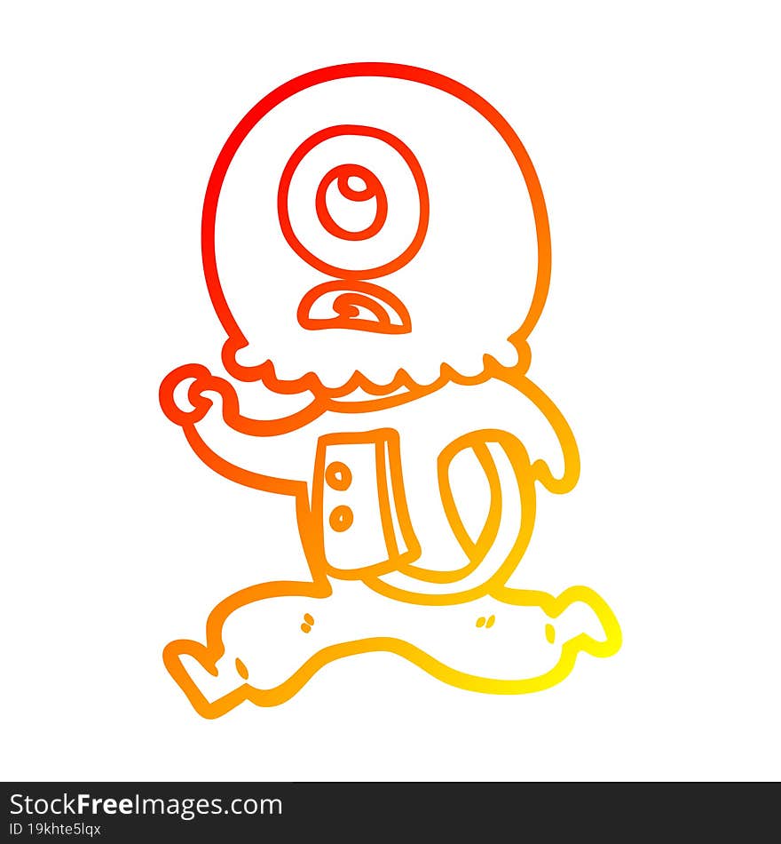 warm gradient line drawing of a cartoon cyclops alien spaceman running