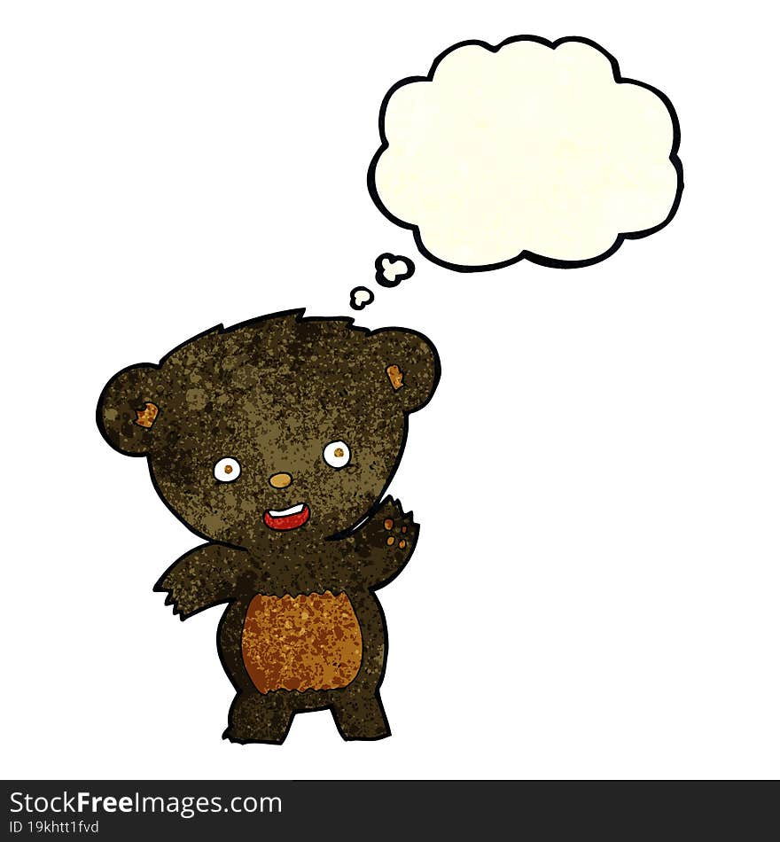 cartoon waving black bear with thought bubble