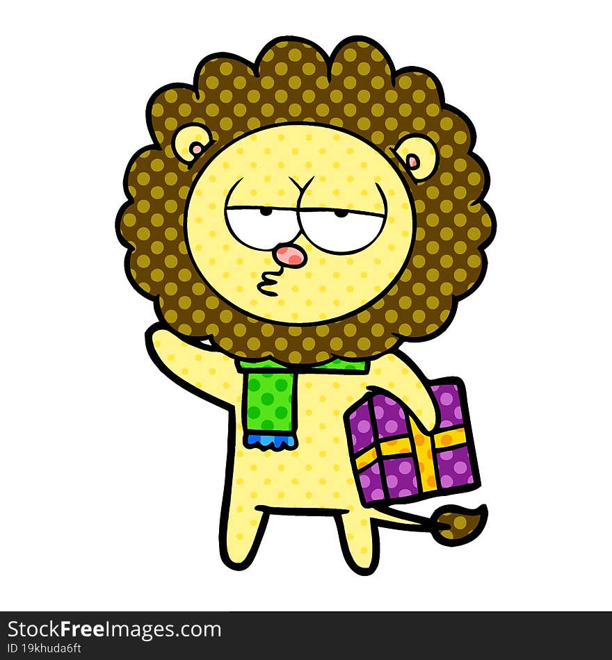 cartoon tired lion with gift. cartoon tired lion with gift