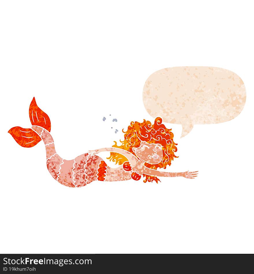 cartoon mermaid and speech bubble in retro textured style