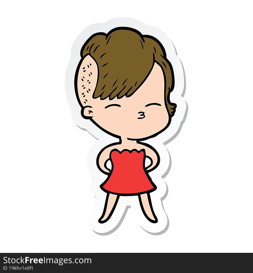 sticker of a cartoon squinting girl in dress