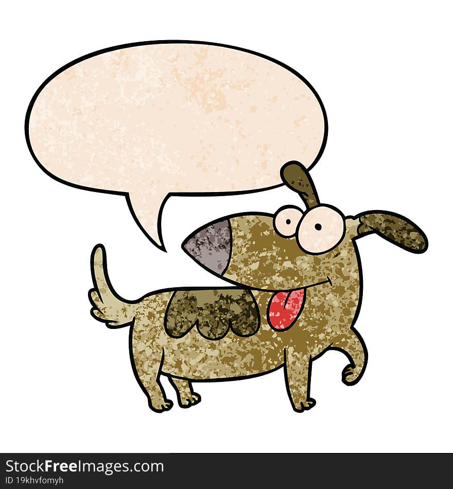 cartoon happy dog and speech bubble in retro texture style