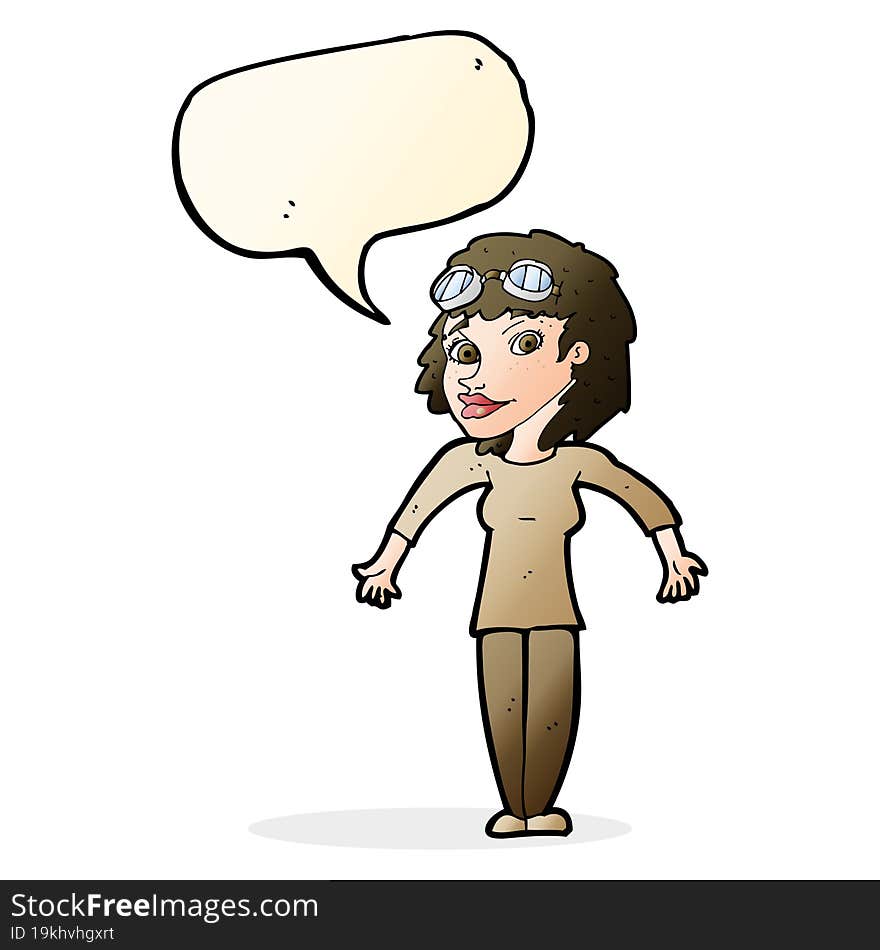 cartoon woman wearing goggles with speech bubble