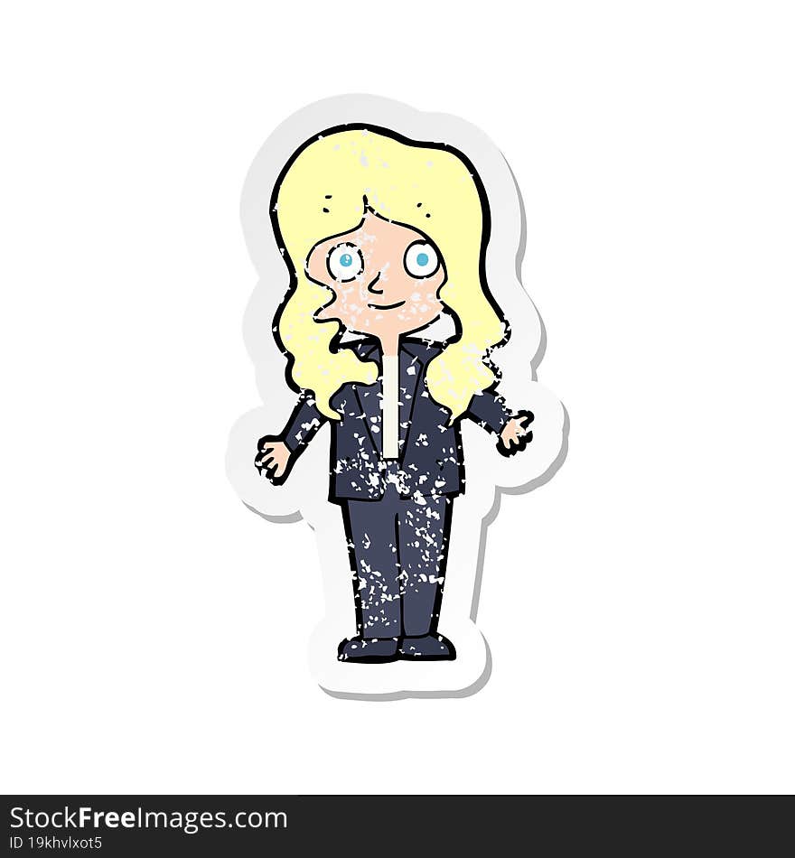 retro distressed sticker of a cartoon friendly business woman