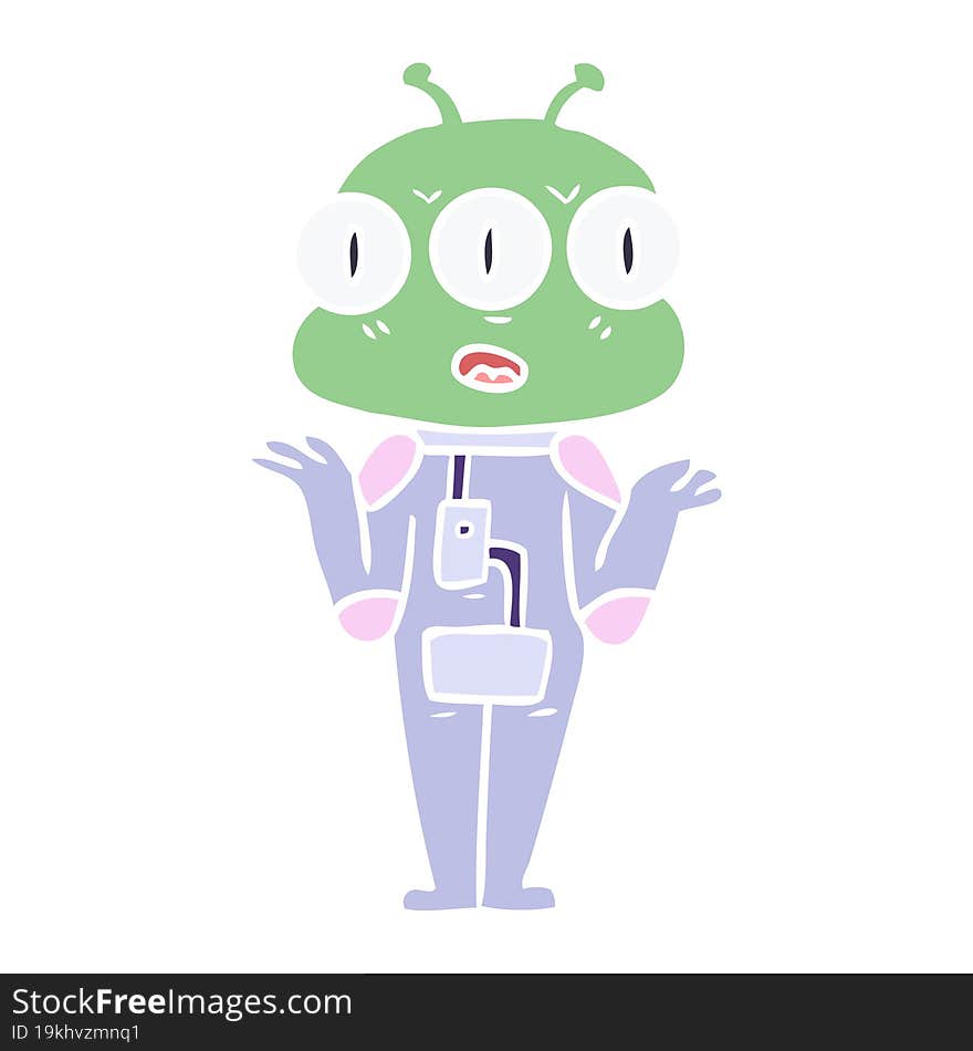 Flat Color Style Cartoon Three Eyed Alien Shrugging