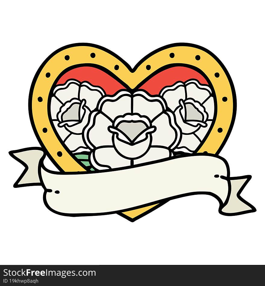 tattoo in traditional style of a heart and banner with flowers. tattoo in traditional style of a heart and banner with flowers