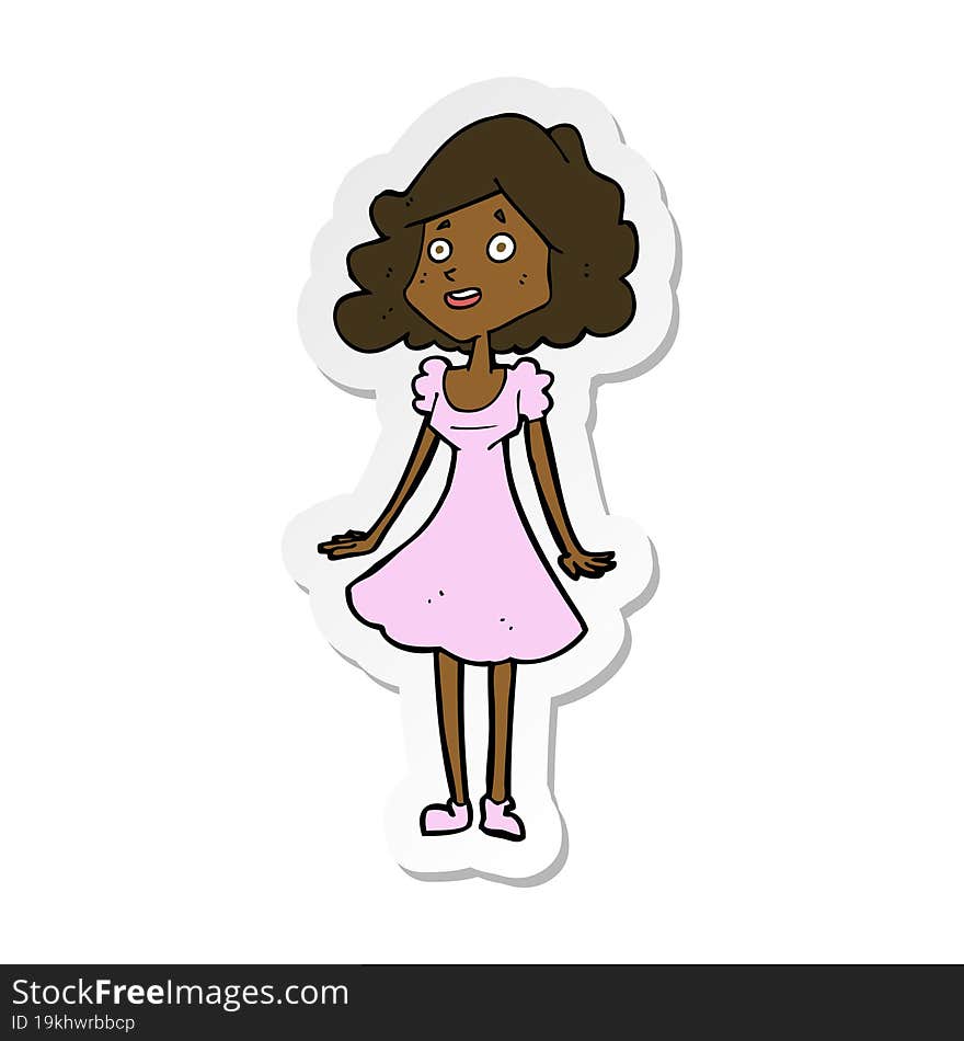 sticker of a cartoon happy woman in dress