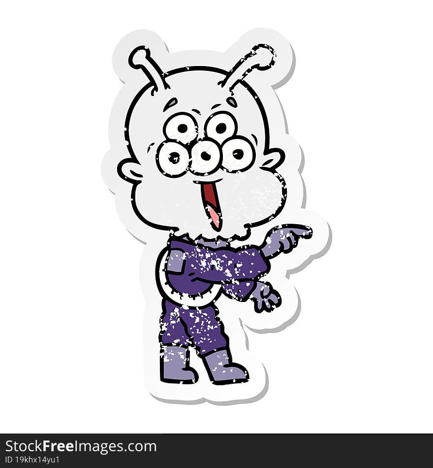 distressed sticker of a happy cartoon alien