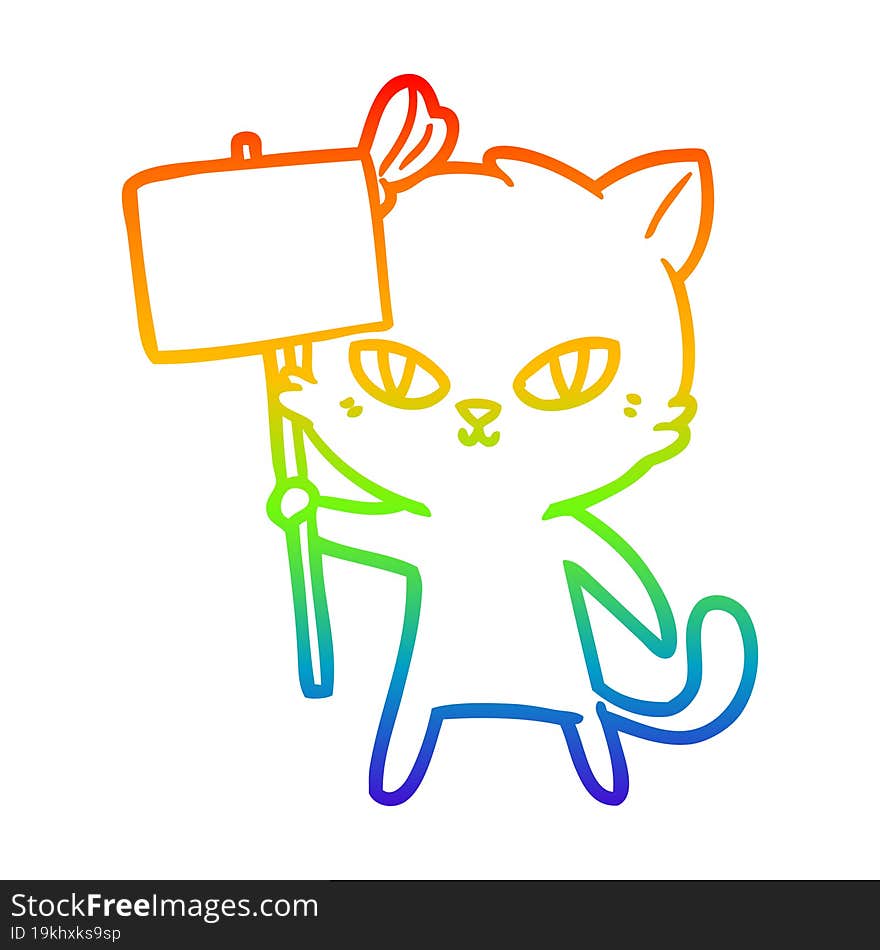 rainbow gradient line drawing cute cartoon cat with protest sign