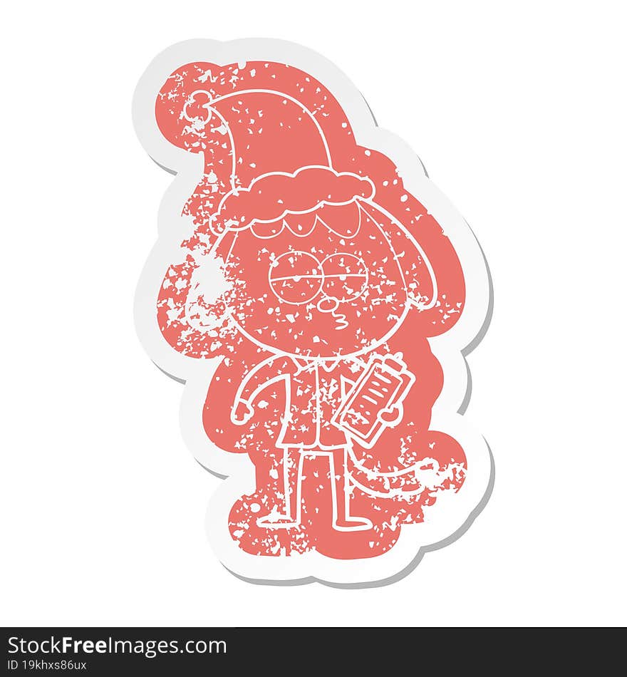 cartoon distressed sticker of a bored dog in office clothes wearing santa hat