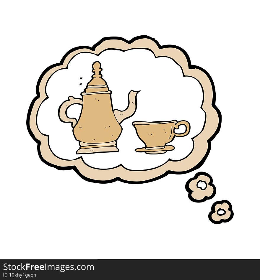 cartoon coffee pot and cup with thought bubble